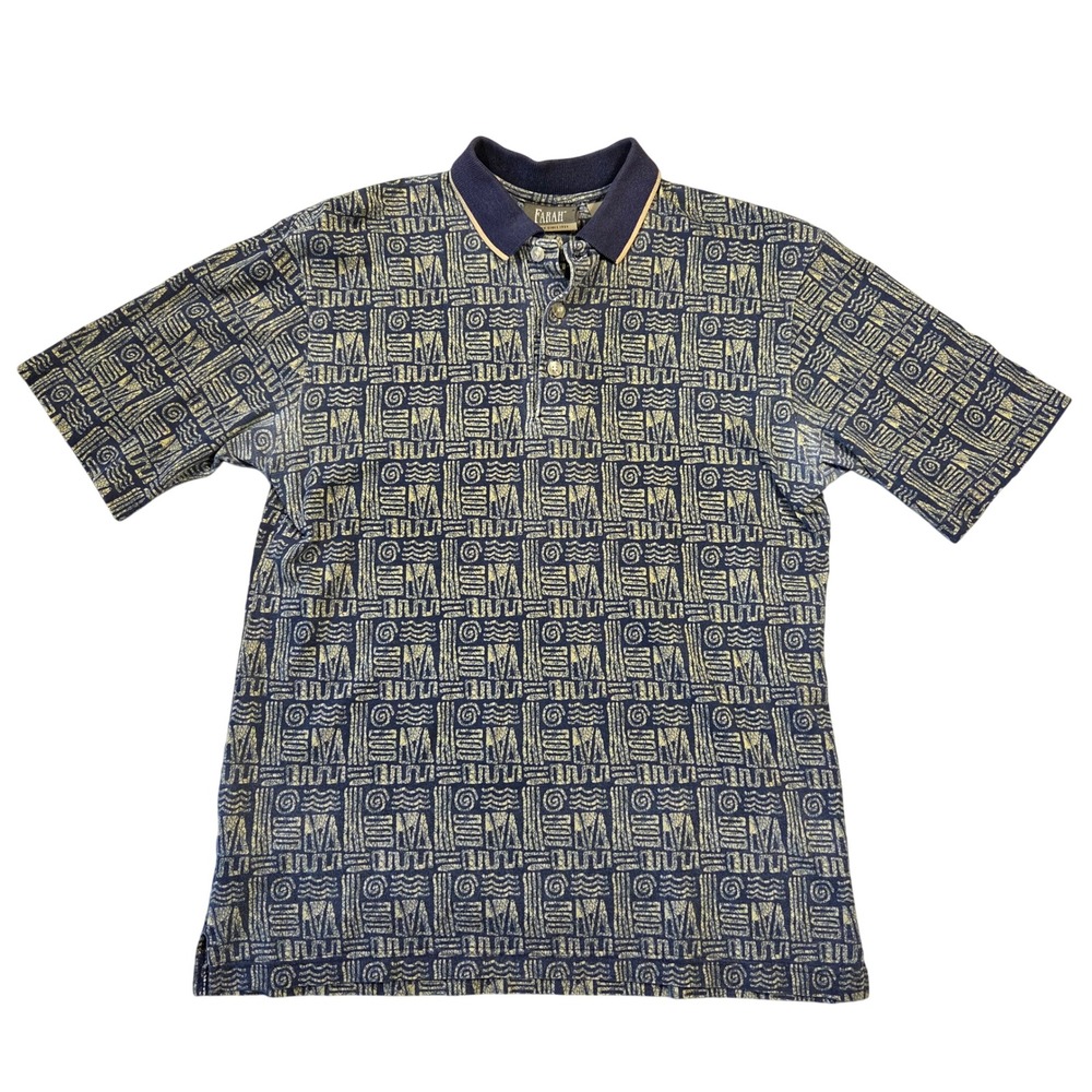 Farah Mens Vintage Geometric Tribal Print Polo Shirt Navy Blue Cotton S Retro